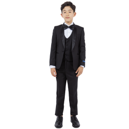 Tazio Boy's 5 Piece Suit with Shirt & Tie - Black U Cut Vest