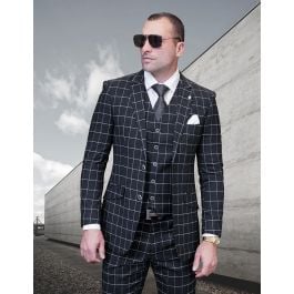 Statement Men's 3 Piece 100% Wool Cashmere Suit - Sleek Windowpane