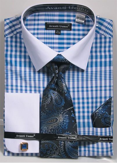 Avanti Uomo Men's French Cuff Shirt Set - Plaid Pattern