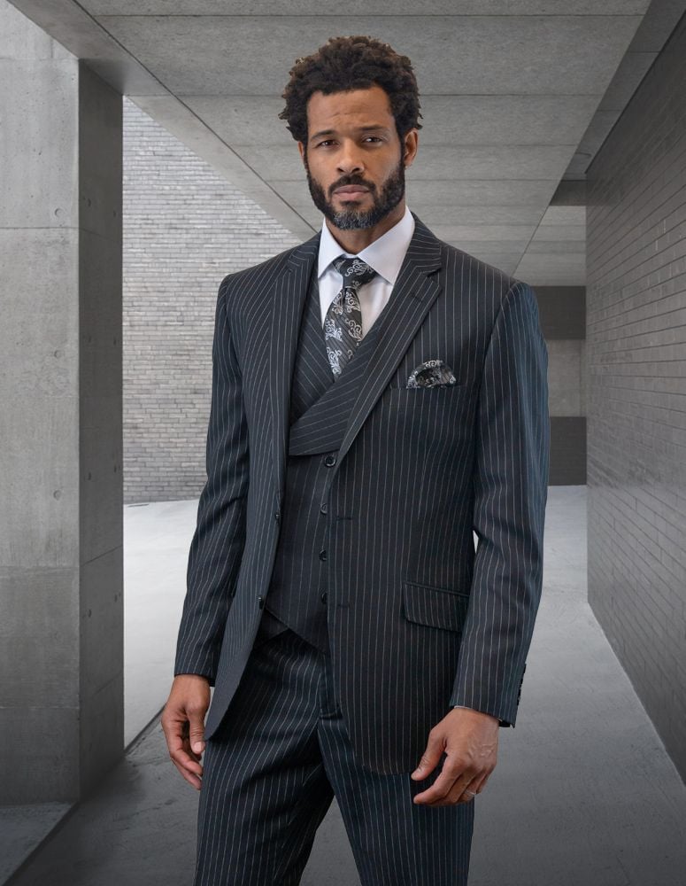 Mens 3 Piece Suit Grey Black Textured Tailored Fit Wedding Prom