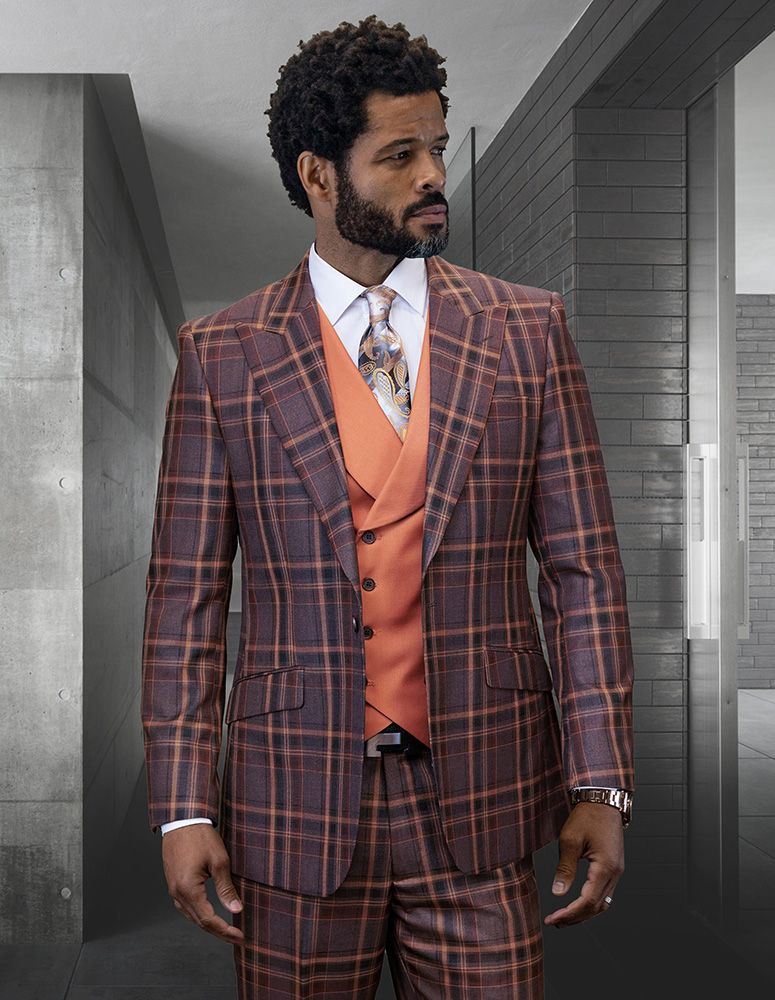 Statement Men's 100% Wool 3 Piece Suit - Plaid Color Contrast