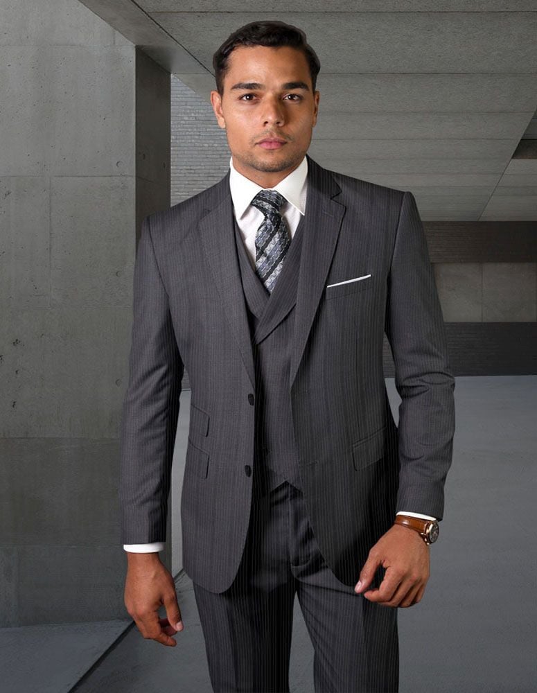 Statement Men's 100% Wool 3 Piece Suit - Textured Stripes