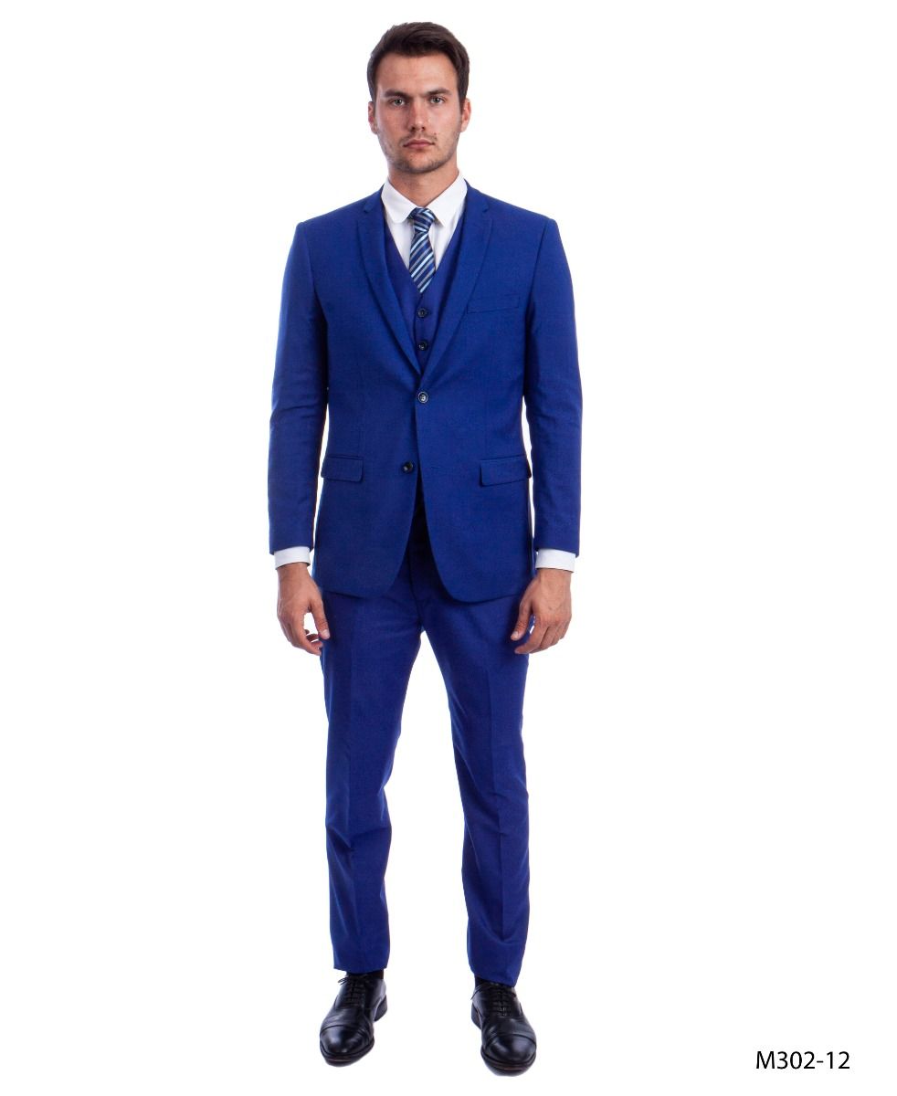 Slim Fit Men 3 Piece Vested Solid Navy Blue Suit - ÃZARMAN