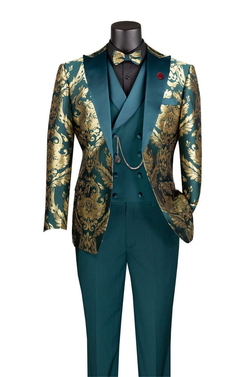 VINCI Men's Black 3pc 2 Button Slim Fit Tuxedo Suit w/ Matching Vest NEW