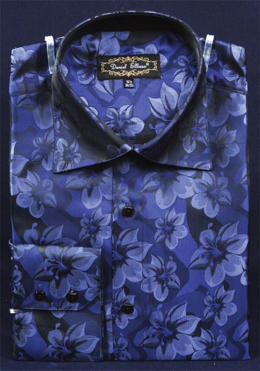 Daniel Ellissa Boys Satin Long Sleeve Button Up Dress Shirt Navy Blue