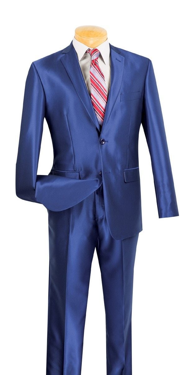 Dark Blue Sharkskin Double Breasted Slim 2 Piece Suit