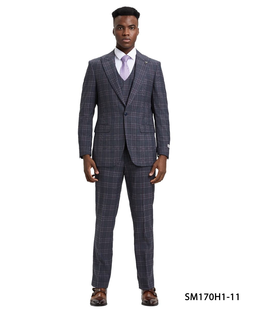 Stacy Adams Men's 3 Piece Plaid Hybrid Suit - Double Breasted Vest