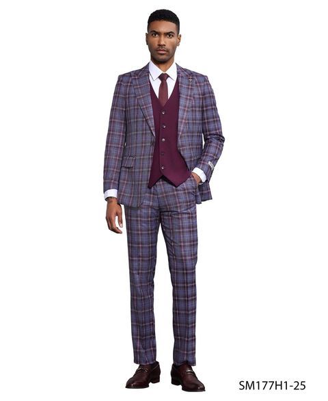 Stacy Adams Men's 3 Piece Plaid Hybrid Fit Suit - Accent Vest