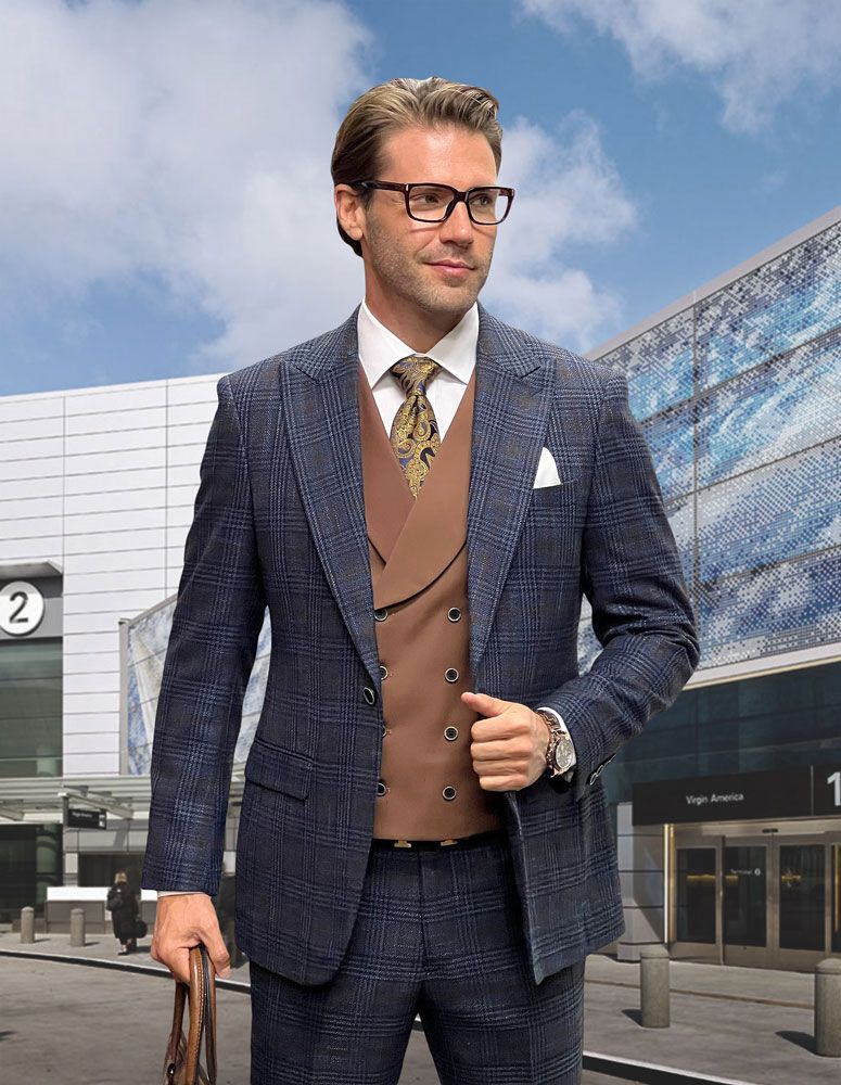 Statement Men's 3 Piece 100% Wool Fashion Suit - Layered Plaid Pattern