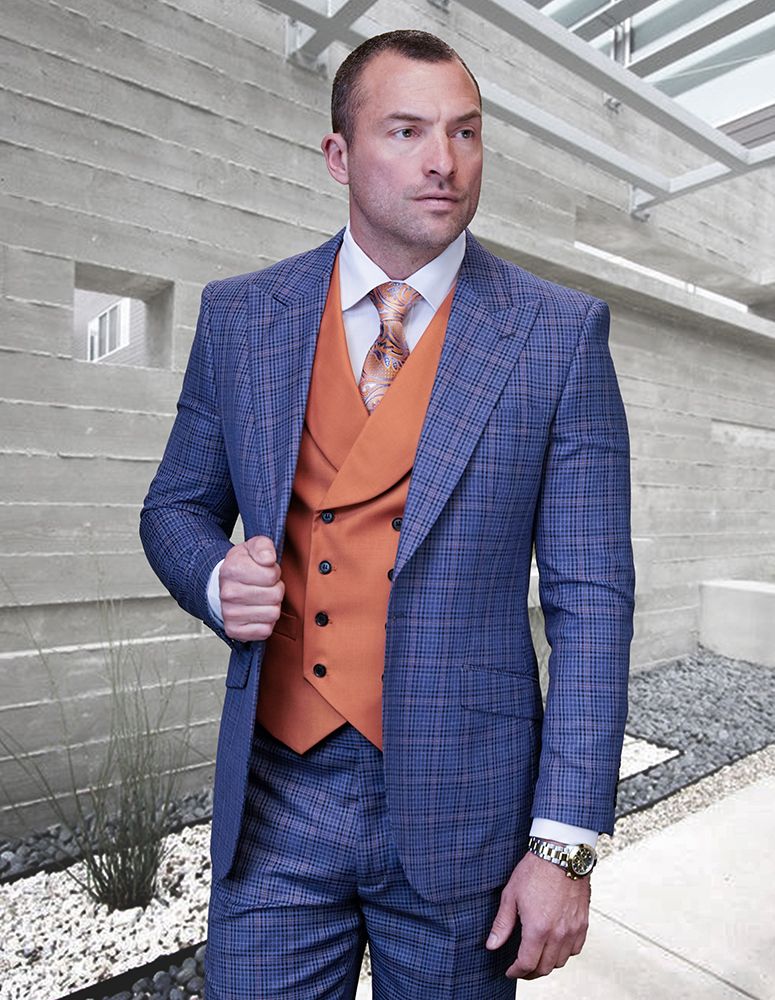Statement Men's Outlet 3 Piece 100% Wool Fashion Suit - Fine Line Plaid