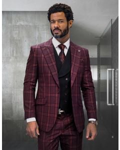 Statement Men's 3 Piece Modern Fit 100% Wool Suit - Sharp Plaid