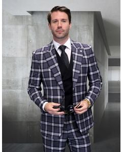 Statement Men's 3 Piece Modern Fit 100% Wool Suit - Windowpane Plaid