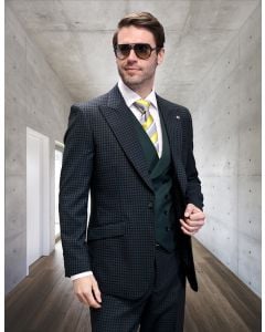 Statement Men's 3 Piece Modern Fit 100% Wool Suit - Micro Plaid