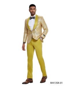 CCO Men's Outlet 2 Piece Skinny Fit Suit - Gold Paisley