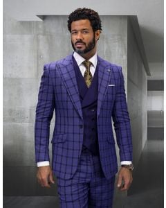 Statement Men's 3 Piece Modern Fit 100% Wool Suit - Plaid with Solid Vest