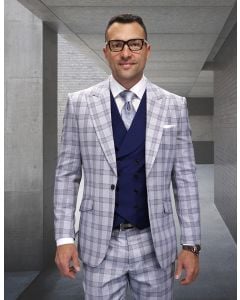 Statement Men's 3 Piece 100% Wool Modern Fit Suit - Plaid with Solid Vest