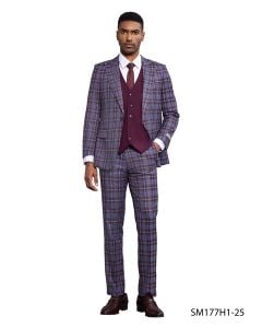 CCO Men's Outlet 3 Piece Plaid Hybrid Fit Suit - Accent Vest